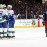 Vancouver Canucks celebrate scoring fourth goal vs Columbus Bluejackets: January 12th 2018
