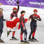 canadian short track team celebrates bronze medal win