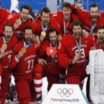 russian mens hockey team pose for team photo