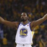 Kevin Durant celebrates against the San Antonio Spurs: NBA Playoffs - Game 5 First Round 2018