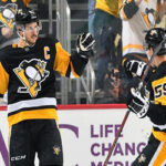 sidney crosby celebrates hat trick in game 1 against philadelphia flyers