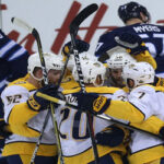 nashville predators celebrate win in game four to tie seires 2-2
