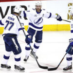 steven stamkos, victor hedman, and brayen point celebrate after scoring in game 4 against the washington capitals