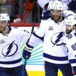 tampa bay lightning celebrate game 3 victory over washington capitals