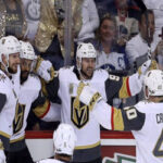 vegas golden knights celebrate 3-1 victory over winnipeg jets in game 2 of the western confernece finals