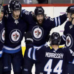 winnipeg jets celebrate after winning game 1 of the western conferance final against golden knights