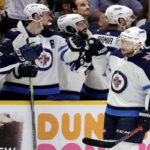 winnipeg jets celebrate goal by paul statsny as jets go on to win game 5