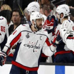alexander ovechkin celebrates scoring the first goal in game 3 against the vegas golden knights