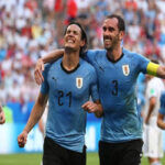 edinson cavani celebrates after scoring in the match agsinst russia and leading uruguay to a 3-0 victory