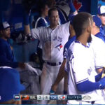 billy mckinney celebrates in the dugout after hitting his first career home run last night against the orioles