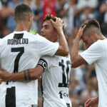 cristian ronaldo celebrates after scoring his first goal with juventus after only eight minutes of play in first game for the italian club