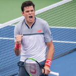 milos raonic celebrates after defeating malek jaziri at the masters 1000 in cincinnati