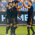 lafc celebrate after defeating tfc 4-2 on saturday night at bmo field in toronto