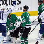 john tavares raises his arms in celebration after scoring his second goal of the night and his sixth in the last two games against the dallas stars.