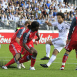 nathan sturgis kicks the ball past tfc defenders in thier 2-1 win over toronto fc on saturday afternoon