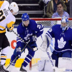 toronto goalie frederik andersen stops a shot by phil kessel on thursday night as the penguins went on to beat the maple leafs 3-0 at the scotiabank areana