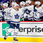 toronto's austin matthews celebrates his first of two goals against the red wings on thirsday night at the little caesars arena in detroit
