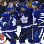 Maple Leafs forward Andreas Johnsson celebrates after scoring his first goal of the year during the second period again the New Jersey Devils last night