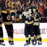 the boston bruins celebrate after defeating the tornto maple leafs 5-1 at the td garden areana in boston last night