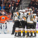 the golden knights celebrate after defeating the edmonton oilers 6-3 on sunday night in las vegas.