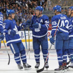 the toronto maple leafs celebrate after defeating the los angeles kings 5-1 in the first of their three-game stop in California this week