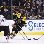 boston bruin david pastrnak skates around might duck defencemen on way to scoring bostons first goal of the night on thursday night