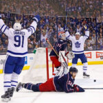 john tavares celebrates one of his two goals with mitch marner against columbus last night to earn their fifth straight win