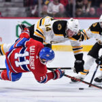 montreal canadien brendan gallahher and bostons chris wagner fall in front of the bruins net on monday night in montreal