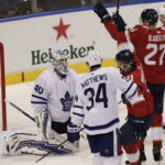 maple leaf goaltender garret sparks looks up after the florida panthers scored in the first period on friday night in florida