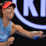 maria sharapova fires off a powerful forehand in her third round match against caroline wozniacki at the 2019 australian open