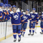 new york islander cal cutterbuck skates past the bench and celebrates after scoring last night against the anahein ducks