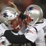 tom brady celebrates after defeating the kansas city chiefs on sunday to advance to their third consecutive super bowl