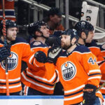 zack kassian of the edmonton oiler's celebrates after scoring last night against the buffalo sabres in edmonton at the rogers place arena