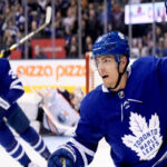 andreas johnsson celebrates after scoring last night in the second period against the edmonton oilers