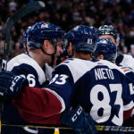 colorado avalanche teammate celebrate after scoring in the third period against the winnipeg jets last night in colorado