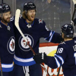 kyle connor of the winnipeg jets celebrates the winning goal last night in winnipeg against the columbus blue jackets
