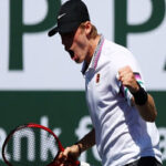 Denis Shapovalov celebrates scoring a point against Marin Cilic at the Indian Wells BNP Paribas Open in California on Tuesday