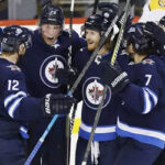 Kevin Hayes, Kyle Connor, Patrik Laine, Sami Niku and Ben Chiarot celebrate Kyle Connors second goal last night against the Nashville Predators on Saturday at the Bell MTS Place
