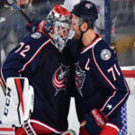 columbus blue jacket nick foligno congratulates sergei bobrovsky after defeating the montreal canadiens in  columbus, ohio on thursday night