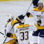 nashville predators forsberg, arvidsson and ellis celebrate after scoring last night against the minnesota wild