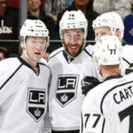 the los angeles.kings celebrate after scoring last night in their win over the chicago blackhawks in los angeles