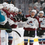 Gabriel Landeskog skates by the avanlanche's bench after scoring during game 2 on sunday