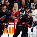 William Foegele is all smiles after scoring 17 seconds into the first period on thursday night in raleigh, north Carolina during game 5 of their series against the Washington capitals