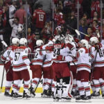 the carolina hurricanes celebrate after defeating the washington capitals in game 7 in washington on wednesday