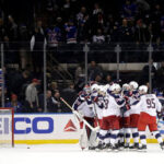 the columbus blue jackets celebrate after winning the shootout last night in new york and earning the last eastern conference wild card spot