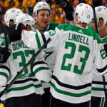 the dallas stars celebrate after defeating the nashville predators on monday in dallas, texas
