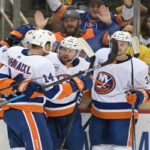 tom kuhnhackl and brock nelson celebrate after scoring in game 4 as the islanders went on to sweep the series and eliminate the pittsburgh penguins