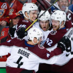 tyson barrie, gabriel landsekog and mikko rantanen celebrate after scoring in overtime and tying the series 1-1 last night in calgary