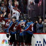 nathon mackinnon and tyson barrie celebrate after scoring in the second period of game 4 against the san jose sharks