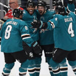 san jose shark players joe pavelski and brenden dell celebrate with fellow teammates after defeating the avalanche to advance to the western conference final on wednesday nigh